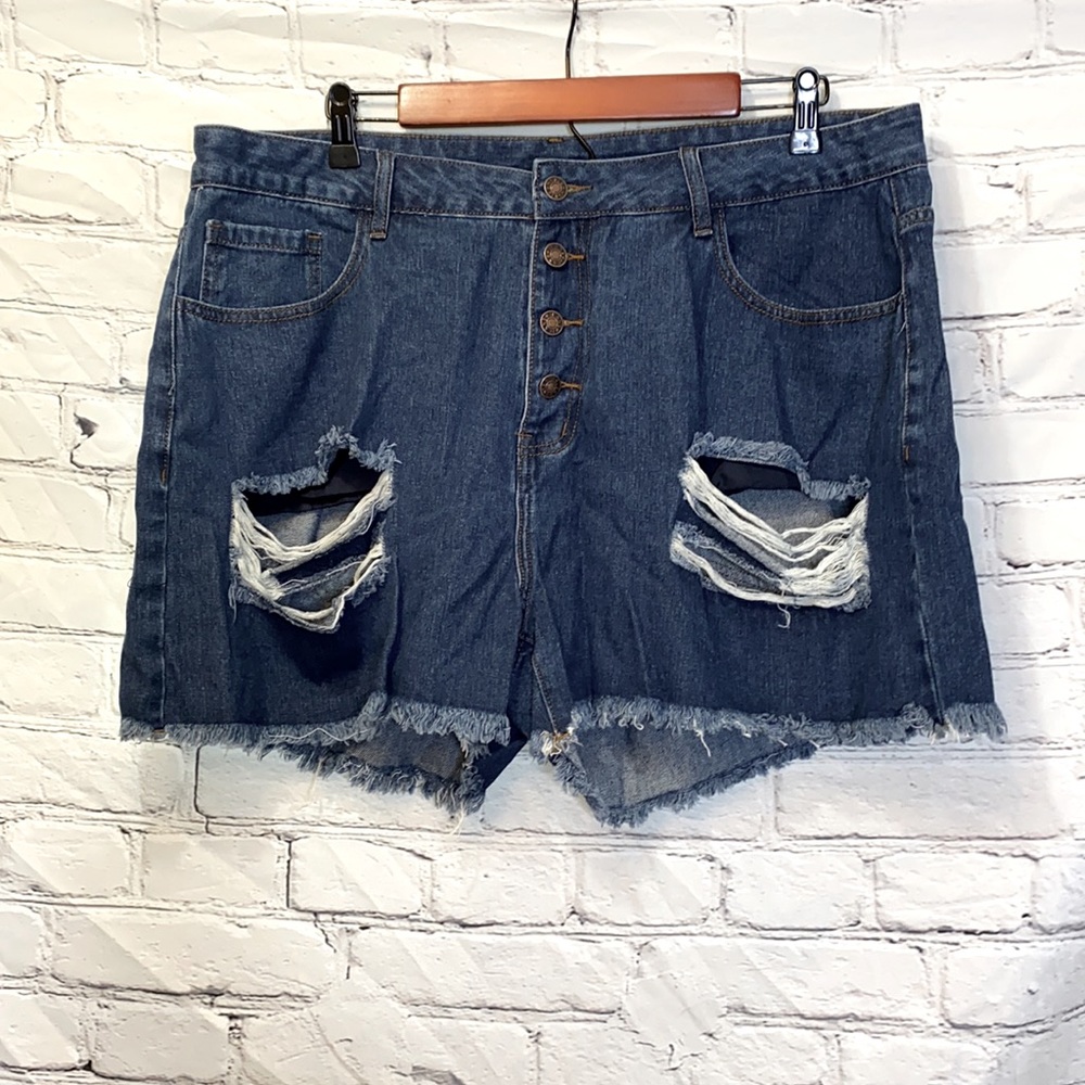 Shein Distressed Blue Jean Denim Button Fly Shorts Size 2XL